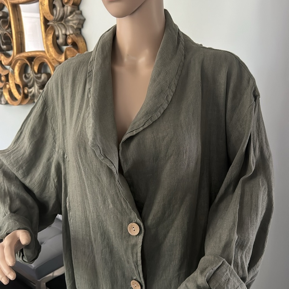 Olive Green Long Button-Front Women's Coat - Picture 2 of 11